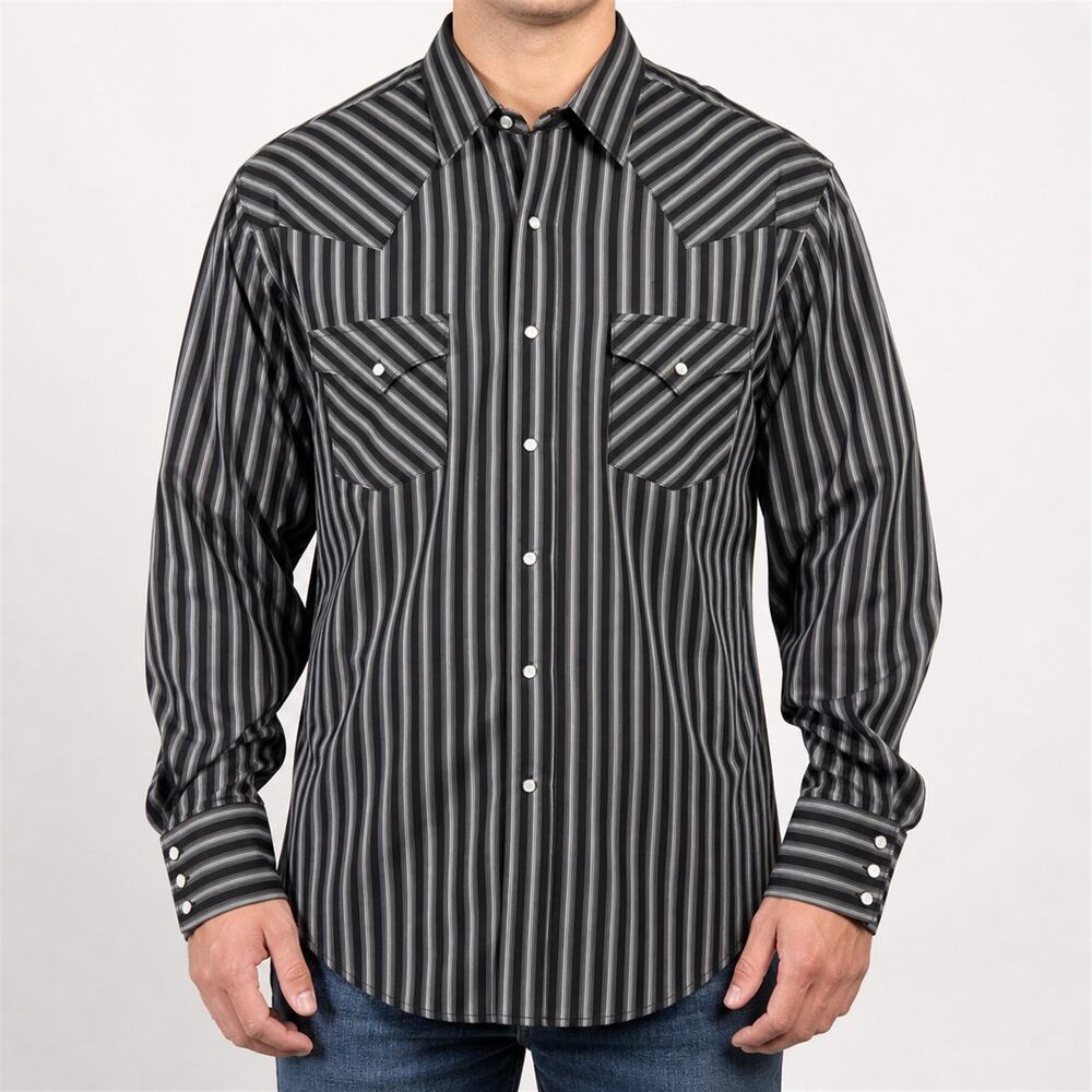 Plains Western Wear Shirt Mens XL Black Gray Pearl Snap Long Sleeve